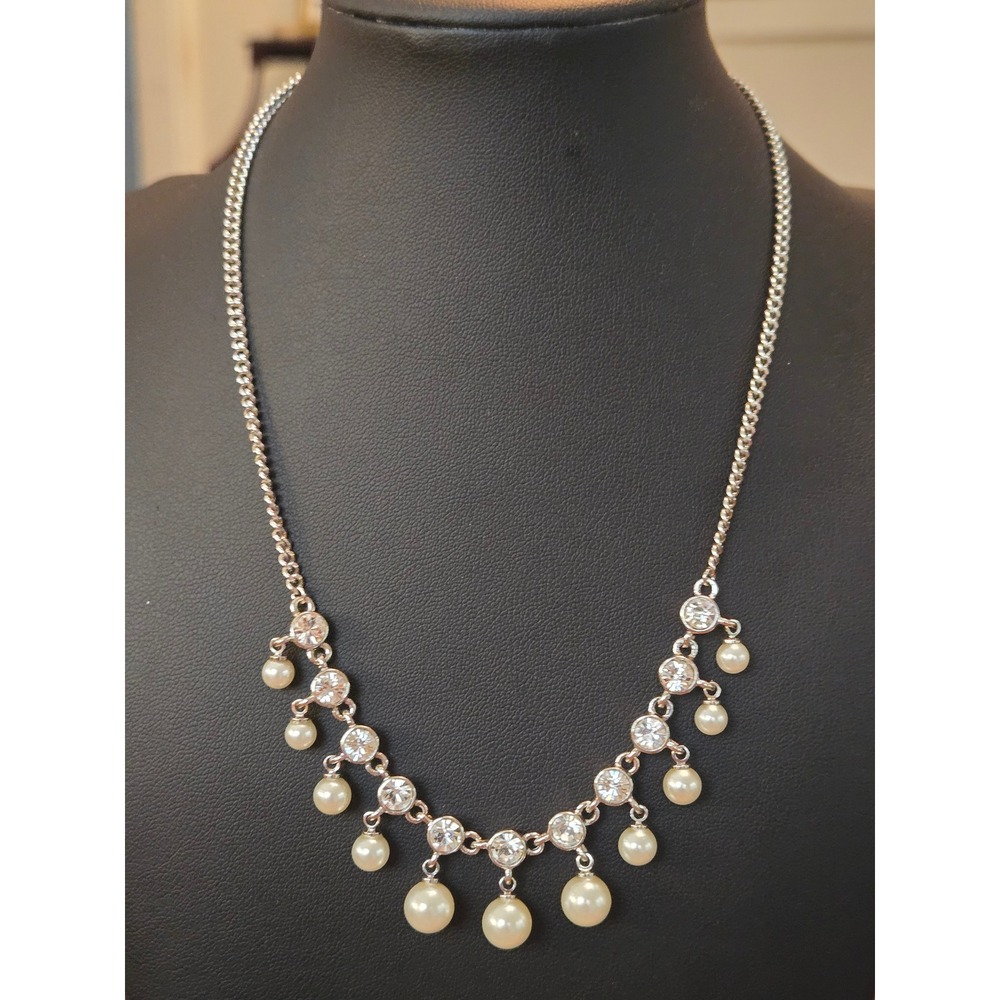 Vintage Givenchy Faux Pearl CZ Necklace Silver Tone Signed Designer EUC Gorgeous
